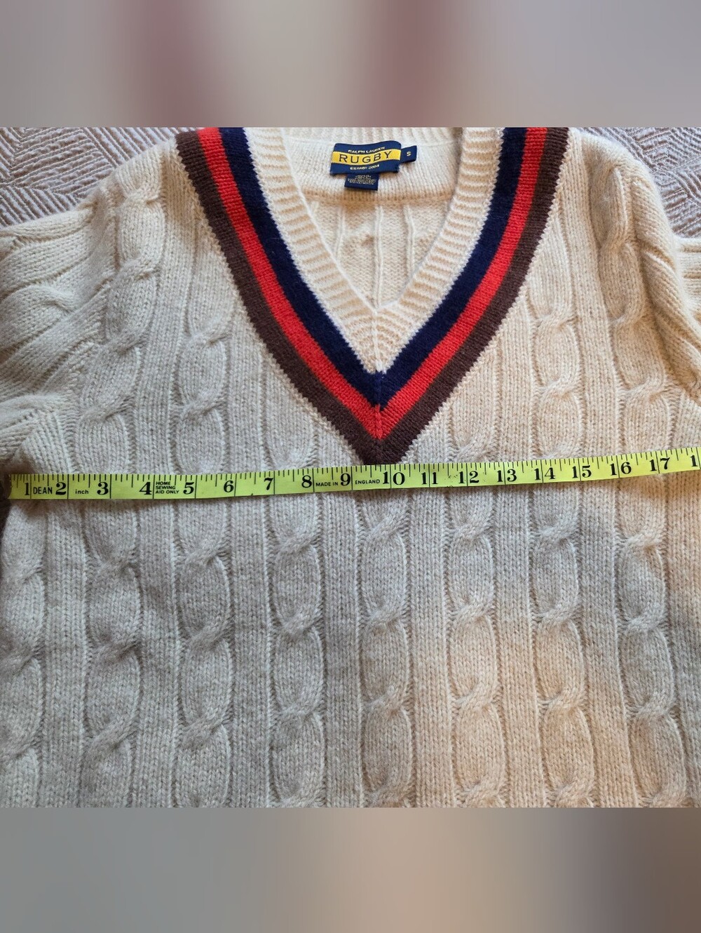 Vintage Ralph Lauren Cream Cable-Knit V-Neck Sweater with Navy & Red Trim - Picture 5 of 7